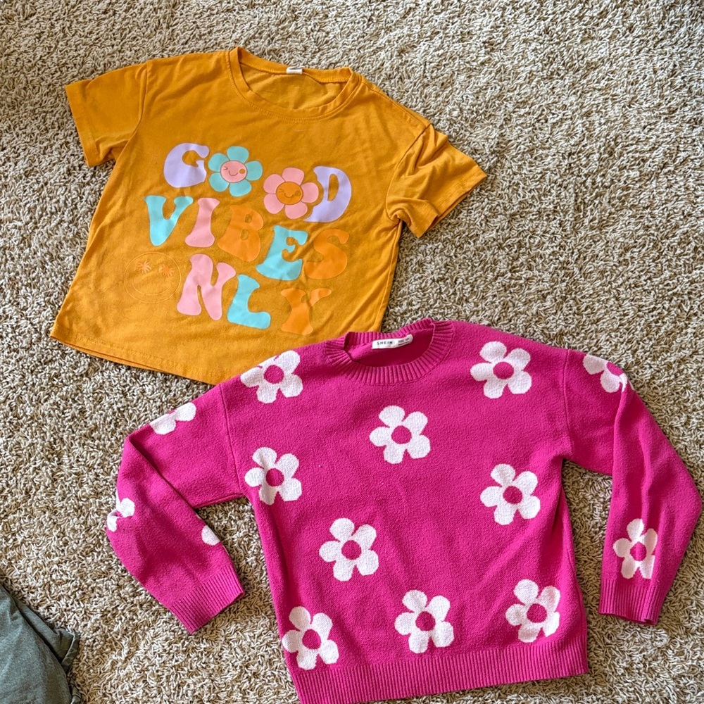 SHEIN Orange 'Good Vibes' Tee and Pink Floral Sweater